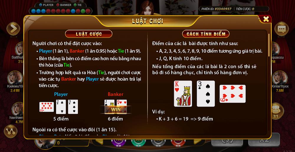 Bảng quy tắc tính điểm trong trò chơi Baccarat
