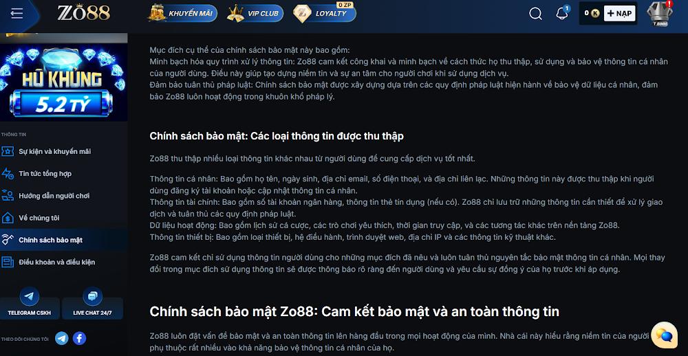 Các loại dữ liệu trong chính sách bảo mật Zo88